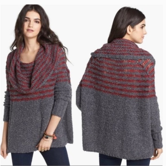Free People Sweaters - Free People Wool, Linen, Mohair Blend Gray and Red Cowl Neck Chunky Sweater